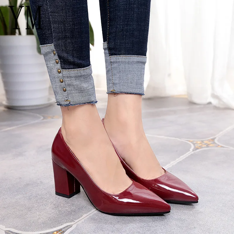 

2019 New Women Pumps Black High heels 7.5cm Lady Patent leather Thick with Autumn Pointed Single Shoes Female Sandals Big 33-43