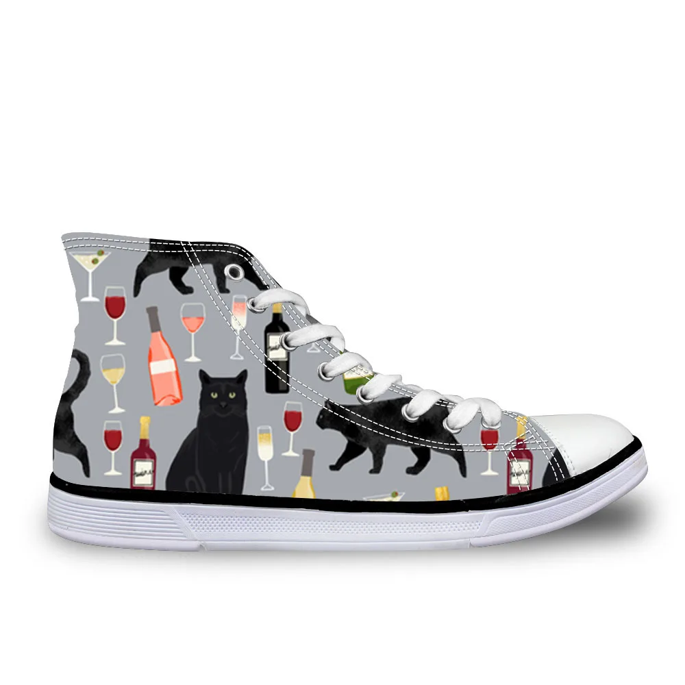 

Customized Black Cat Wine Printed Women Vulcanize Shoes High top Canvas Sneakers Lace-up Flats Casual Walking Shoes Espadrilles