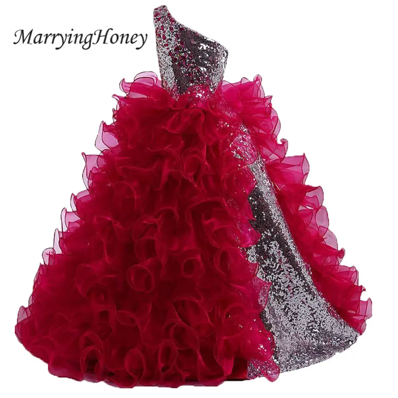 

Pretty One Shoulder Sliver Sequined Ball Gown Flower Girl Dresses 2017 Ruffles Burgundy Floor Length Party Gowns Real Photos