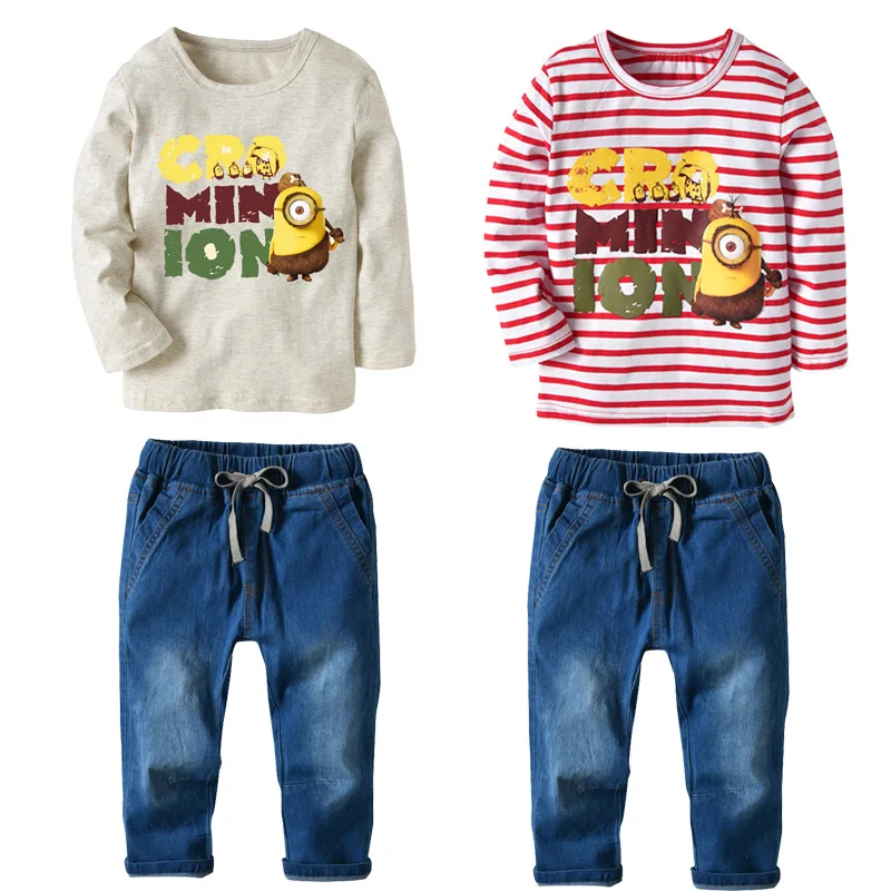 

2018 Summer Boys Clothing Fashion Suit Minions Kids Clothes Children's Denim Overalls Jeans Pants + Tops Full Sleeve Twinset