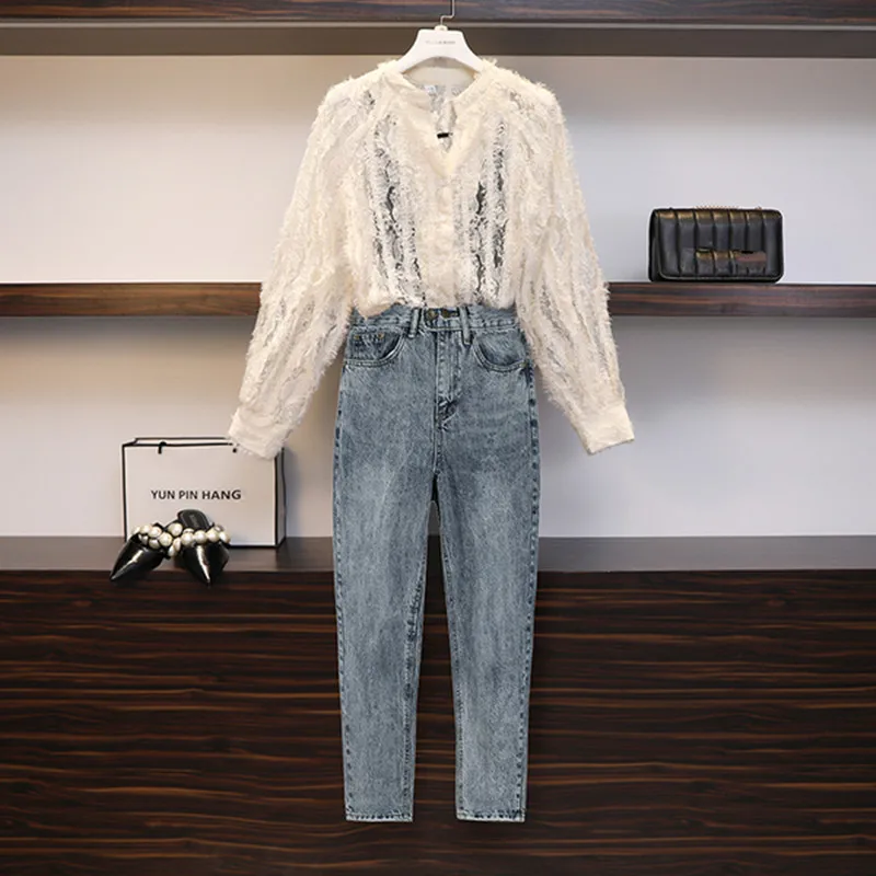 Летняя мода, Женская однотонная блузка с кисточками, рубашка+ узкие джинсовые штаны, комплект из двух вещей, повседневные джинсовые брюки