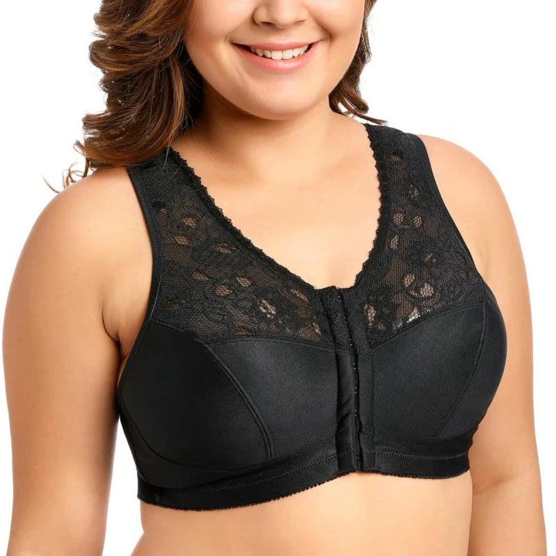 Women S Front Closure Wireless Full Figure Racerback Lace Plus Size Bra 34 36 38 40 42 B C D Dd E Bras Aliexpress
