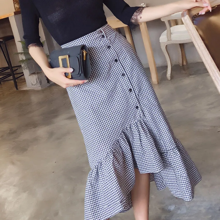 Irregular Plaid Summer Skirt Flounce Ruffles Midi Skirt Casual Women's
