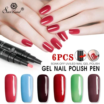 

Saviland 6pcs UV Nail Gel Varnish Pen New Glitter Colors UV Gel Nail Polish Dawdler Nail Art Need Base Top Coat Primer