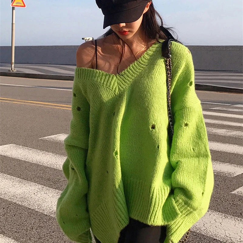 Модный Свободный женский свитер с v-образным вырезом и отверстиями, зеленый вязаный пуловер с длинным рукавом, осень, джемпер Feminino высокого качества