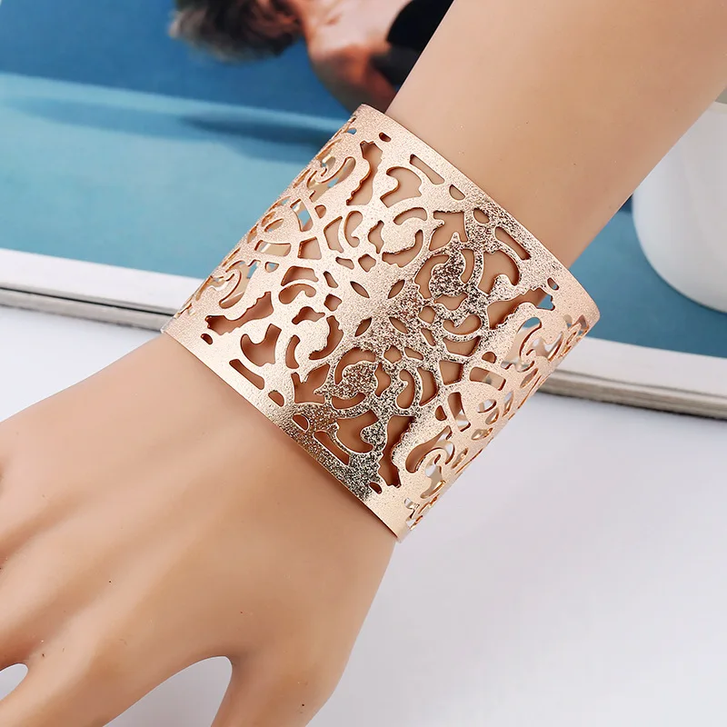 

LZHLQ Maxi Punk Wide Scrub Metal Bangle 2017 Women Fashion Jewelry Geometric Hollow Pattern Gold Plated Adjustable Cuff Bangle