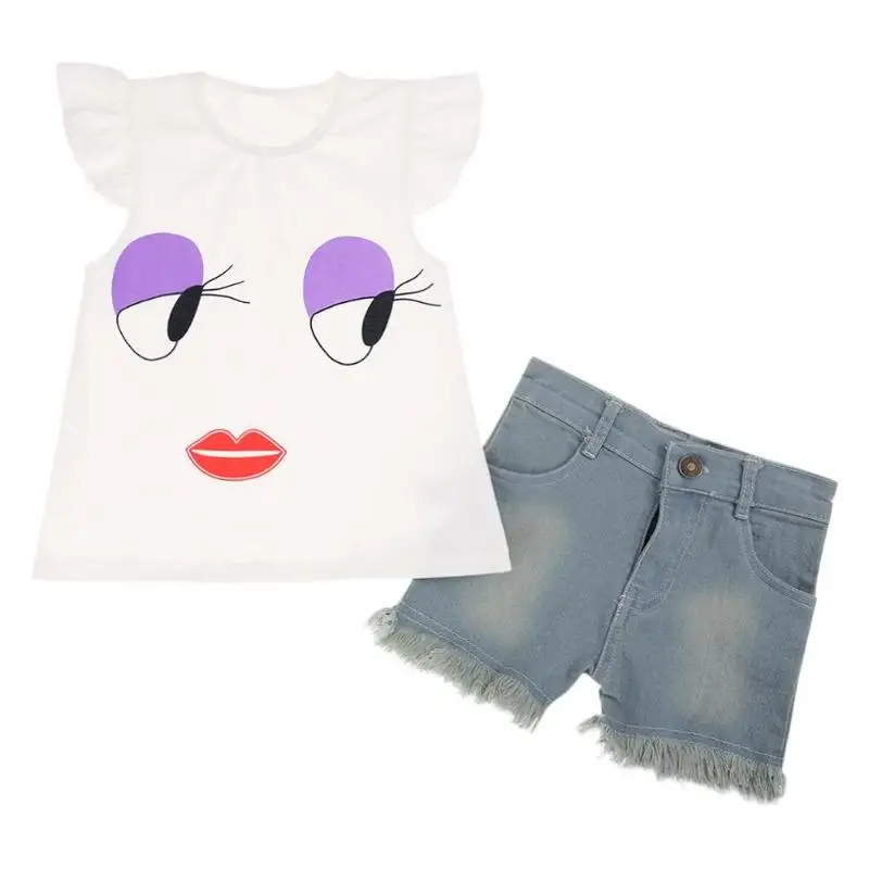 

2pcs Cute Girl Clothes Set Big Eyes Flying Sleeve T-shirt Tops Denim Shorts