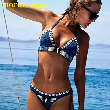 CROCHET BIKINI Sexy Women Tassel Bikini Top Boho Beach Swimwear Fringe Bra Halter Camisoles Tank Wind Shell Swimsuit fashionable hand made crochet halter openwork swimsuit for women