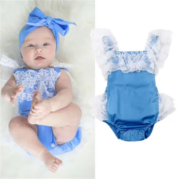 

0-24M New Cute Baby Girls Rompers Short Sleeve Blue Rompers Blue Lace Kids Outfits Girls Clothes Newborn Infant Set Dropshipping
