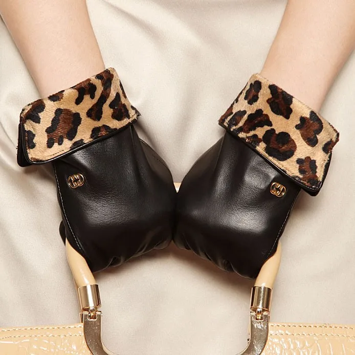 Бренд натуральной кожи перчатки Модные леопардовые Для женщин перчатки овчины осень-зима плюс бархат Элегантные женские перчатки L127NC