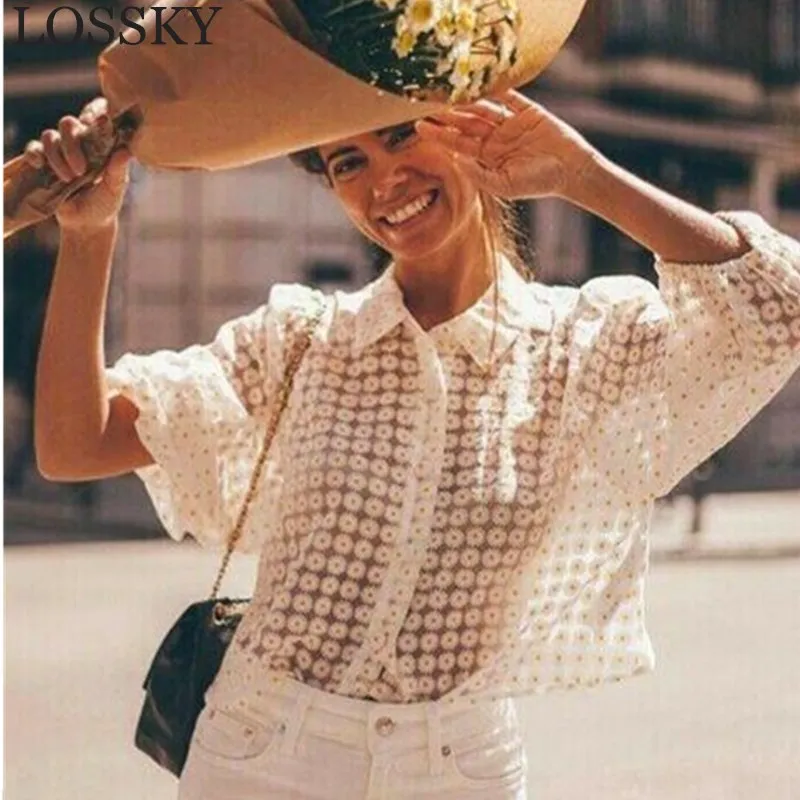 

Flower Daisy Print Summer Sweet Blouse Shirt Sexy Transparent Button Women 3/4 Sleeve Loose Blouses Shirts Female Tops Blusas