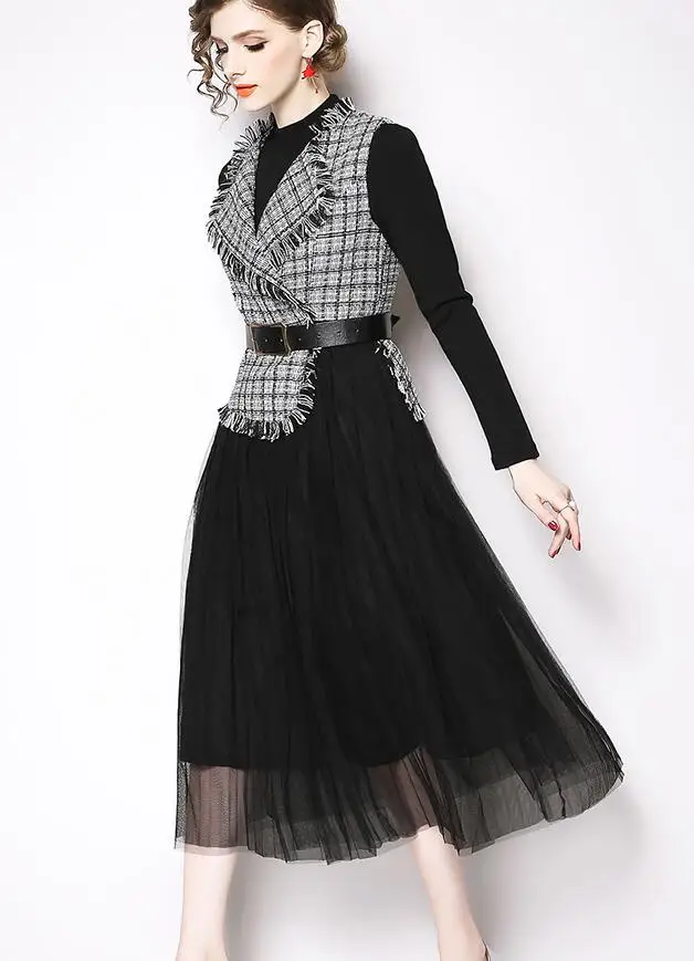 

High Quality Hot Sale 2019 Spring New Arrival OL Style Elegant Two Pieces Plaid Woman Long Woolen Chiffon Dress