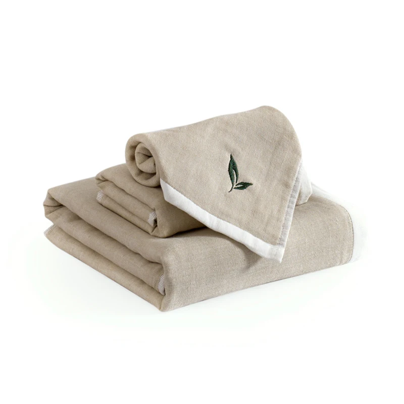 100 Green Tea Cotton Leaves Green/Beige/Blue Aromatheray Towel Set