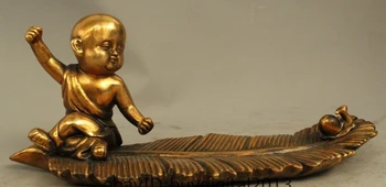 

11" Old Tibetan Buddhism Bronze Gild Boy monk Bonze Leaf Rowing Buddha Statue
