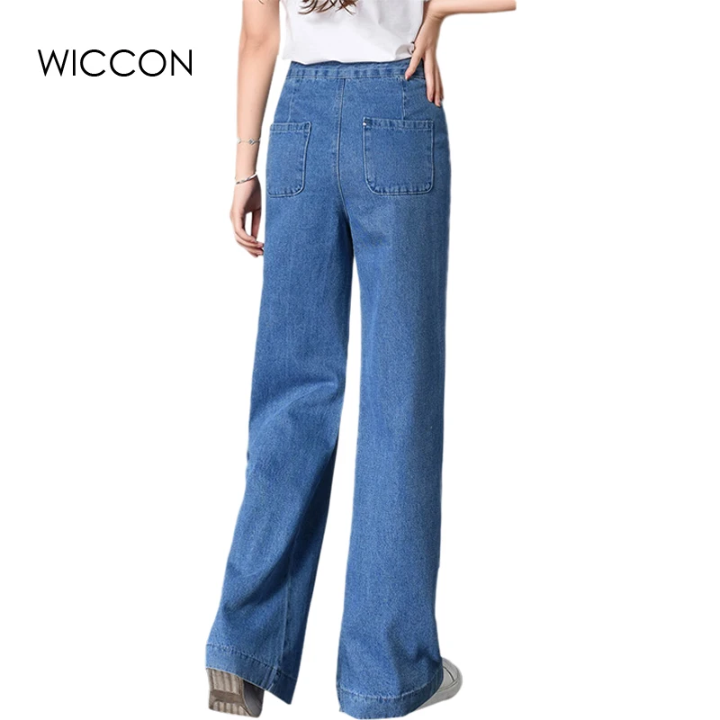 2019 Autumn Women's Wide Leg Jeans Ladys High Waist Solid Bell Bottom Denim Pants Loose Trousers Mom Jeans WICCON