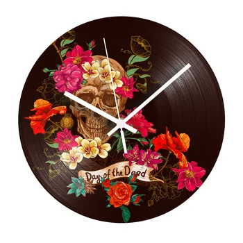 

12'' Flower Vintage Record Clock Rose Skull Silent Vinyl Record Wall Clock Modern Kitchen Clocks Home Holiday Decor