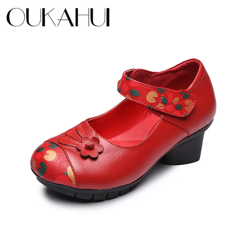 

OUKAHUI Chinese Style Autumn Fashion Handmade Genuine Leather Pumps Women Shoes High Heel 5cm Thick Heel Elegant Ladies Shoes 41