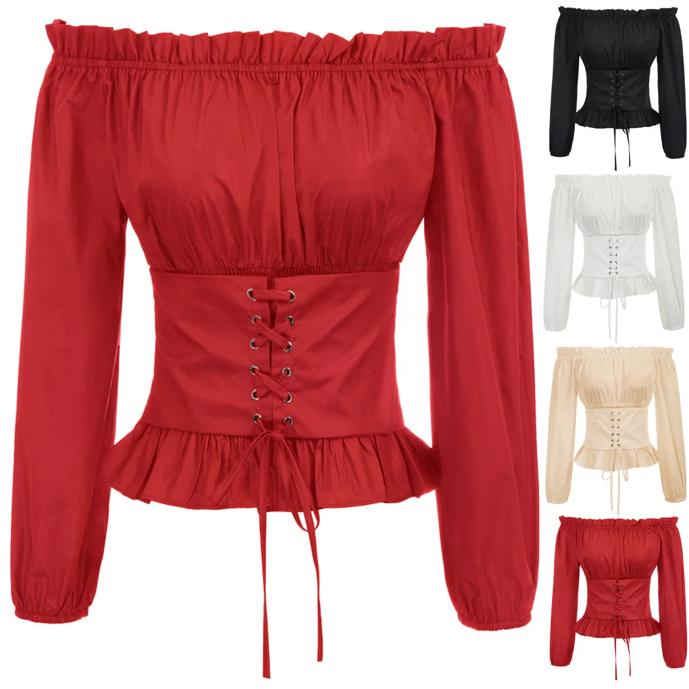  shirts Retro Vintage Women steampunk blouse ladies clothes Renaissance Gothic Off-the-Shoulder Cors