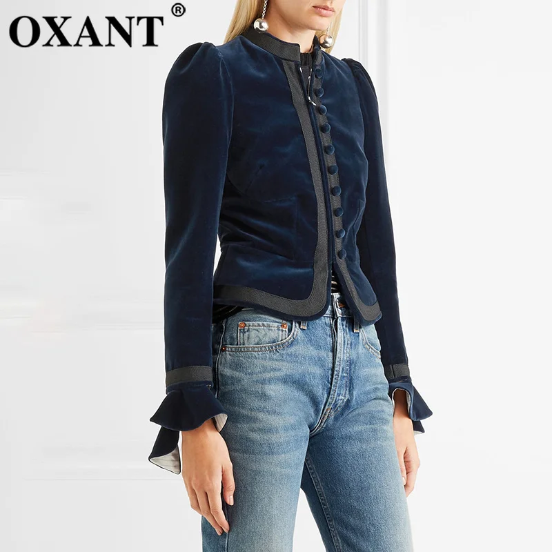

OXANT Ruffles Jackets For Women Stand Collar Puff Sleeve Zipper Slim Short Coat Female Jacket Autumn Fashion Clothing New
