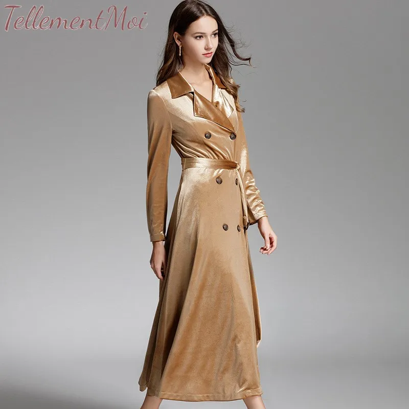 Women Long Trench Coat with Belt Female Velvet Gold Long Elegant Office Ladies Long Sleeve Double Breasted Blazer Dresses
