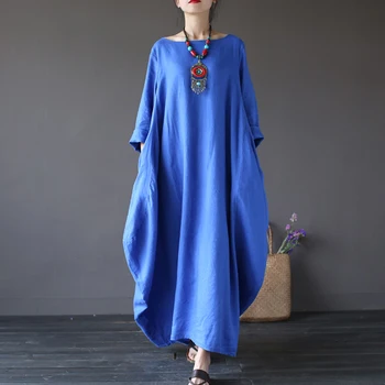 

Women Long Dresses 2018 Spring Autumnr Vintage Linen Maxi Dress Large Size Long Sleeve Vestidos Verano Loose Robe Femme HY388