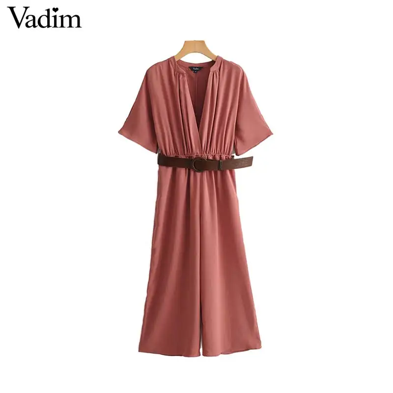 

Vadim women elegant solid V neck jumpsuits sashes half sleeve elastic waist stylish female casual summer chic playsuits KA930