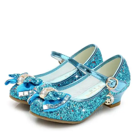 Демисезонный платье принцессы для девочек; модное платье-пачка с бантом Стразы танцевальная обувь на высоком каблуке; детская кожаная обувь 03K - Цвет: Синий
