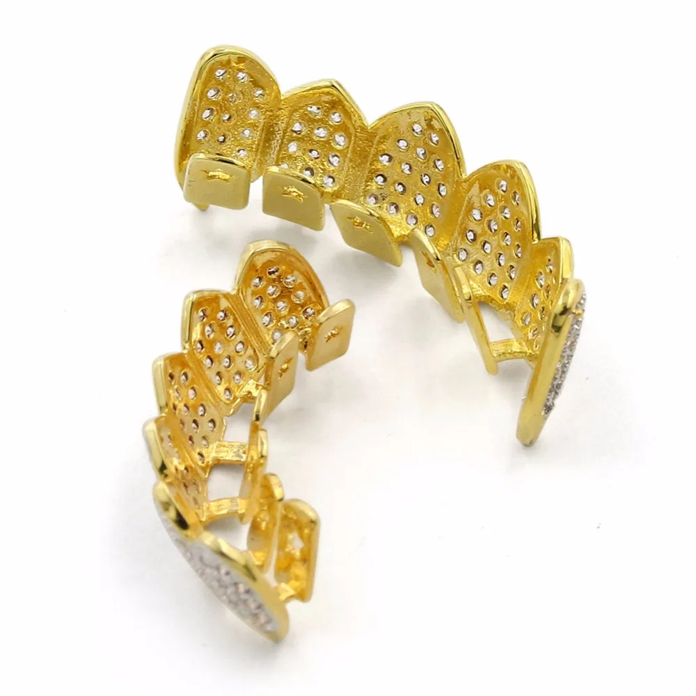  UWIN Hip Hop GRILLs Iced Out AAA Zircon Fang Mouth Teeth Grills Caps Top & Bottom Grill Set Men Wom