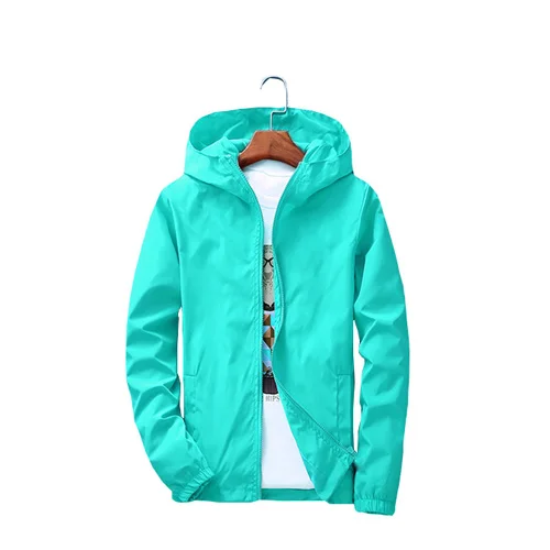Осенняя куртка с капюшоном Мужская/Женская Повседневная тонкая однотонная ветровка на молнии для мужчин куртка размера плюс M-7XL 1718 - Цвет: Бирюзовый