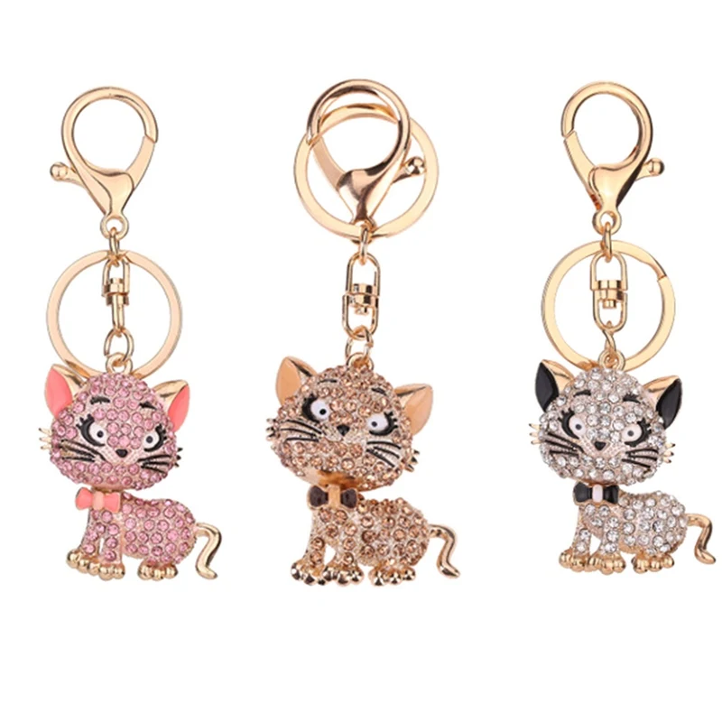 Novelty Rhinestone 3 colors Cat Pendant Keychain Fashion Crystal Key