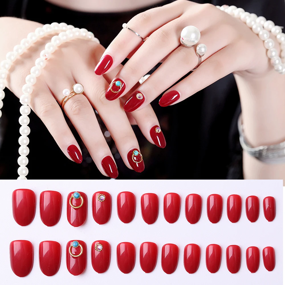 

24Pcs Coffin Glitter Powder Design Fake Nails Bright Red Short Square Artificial False Nail Tips with Glue Sticker for Home