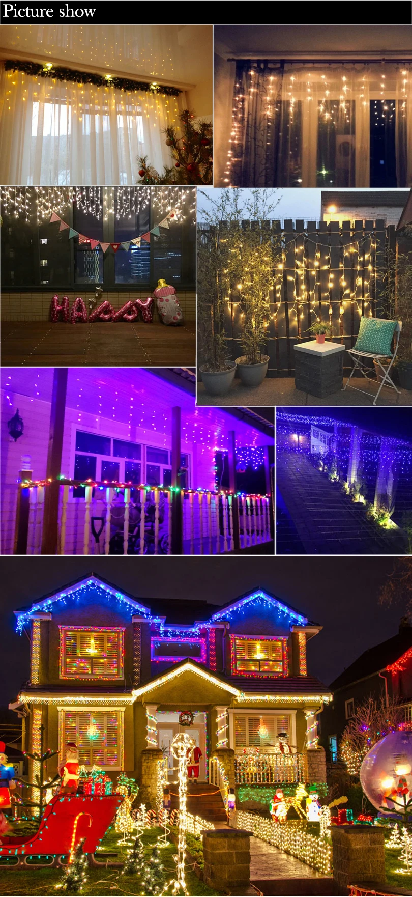 Cordão de Luzes Led de Natal com Cortinas 220v para Decoração Festas Feriados Casa Janela Parede Iluminação Noturna Interna 7 janela, parede, iluminação noturna interna