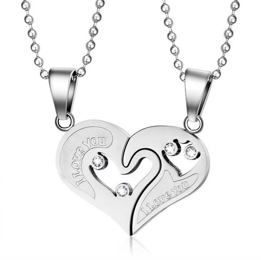 Crytal Matching Parts Titanium Stainless Steel I Love You Silver Tone BF GF Heart Pendant Couple Necklaces for Hers His | Украшения и