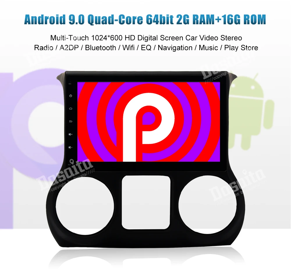 Excellent Dasaita 10.2" Multimedia Player Android 9.0 GPS Navi 1 Din Car Radio 1080P Video for Jeep Wrangler 2015 2016 with AUX Bluetooth 4