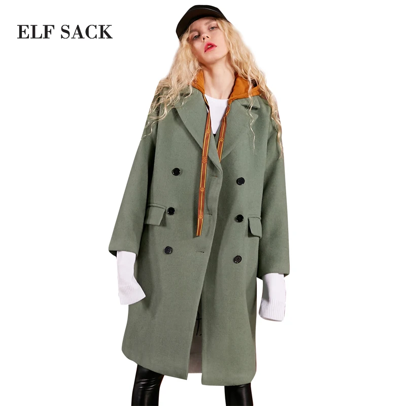 ELFSACK 29.1% шерстяное Женское зимнее пальто с капюшоном имитация двух частей женские