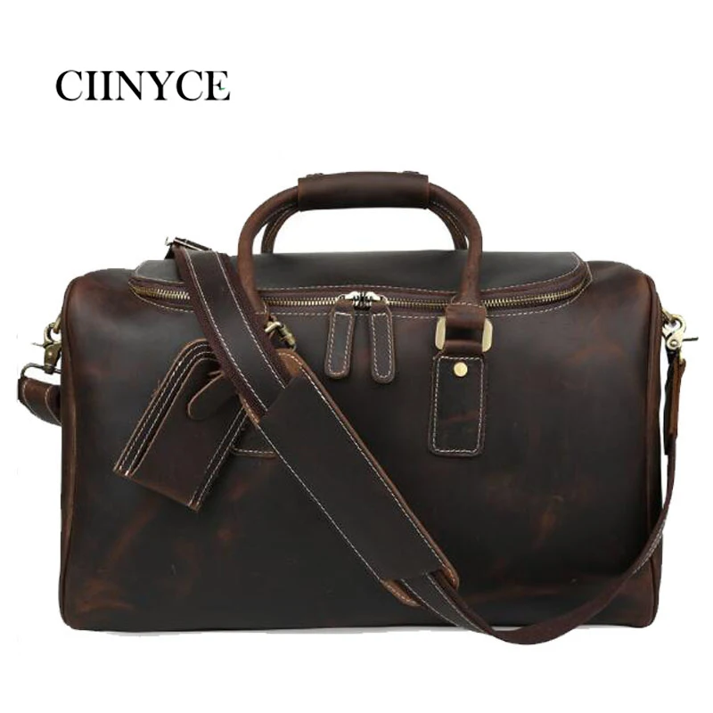 

Men's Vintage Crazy horse Skin travel duffel 17 inch Brown genuine leather Business totes Durable cowhide Boston Weekend bag