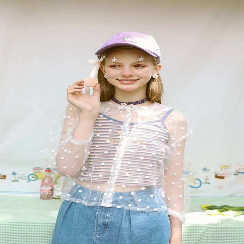 New Fashion Summer Women Lace Blouse Peter Pan Collar Dots Translucent Sun Protection Clothing Long Sleeve Sweet Shirts Top | Женская