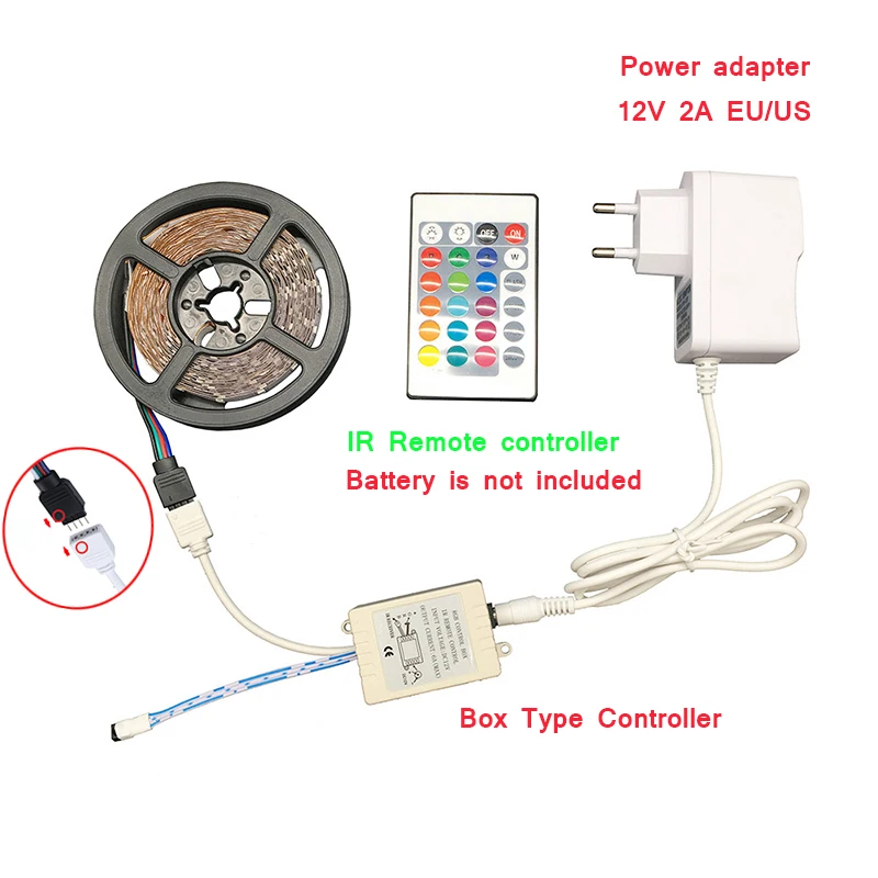 

No Waterproof LED Strip Light SMD 3528 RGB Strip Ribbon Diode Tape RGB 3528 DC 12V 5M 10M Flexible Strip Controller and Adapter