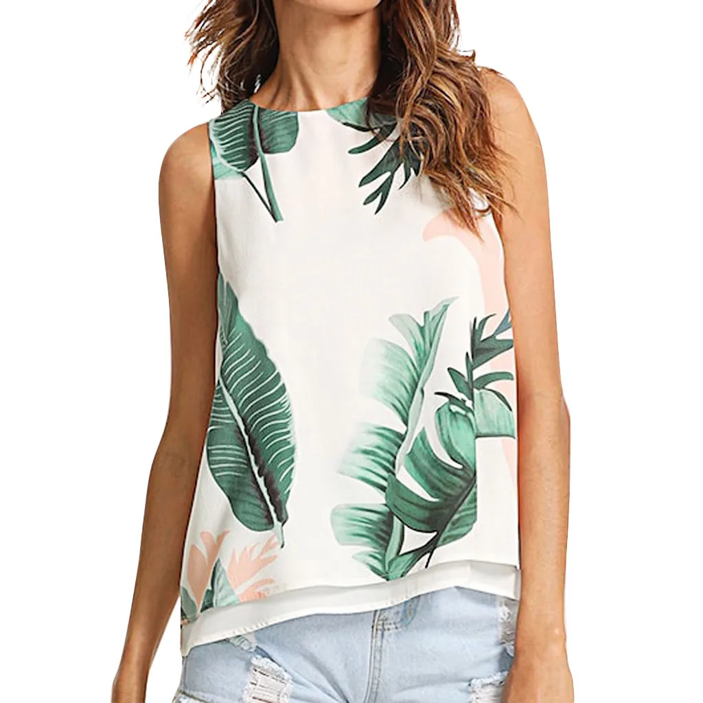 

Women Crop Top O-Neck Tank Leaves Print Sleeveless Cami Split Back Vest Foldover Tops top female haut femme