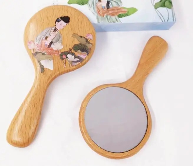Новое большое круглое деревянное винтажное ручное зеркало для макияжа туалетное зеркало портативное косметическое компактное зеркало для макияжа с ручкой для женщин