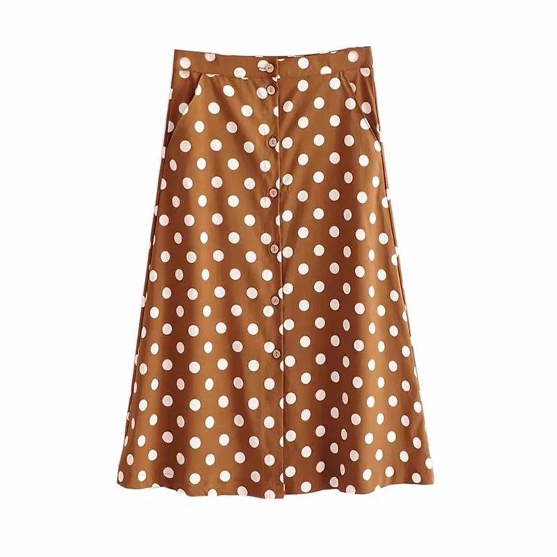 

Vintage Bohemian Polka Dot Print Summer Skirt for Women Korea Fashion Ladies Midi Skirts Boho Pockets Button Skirts