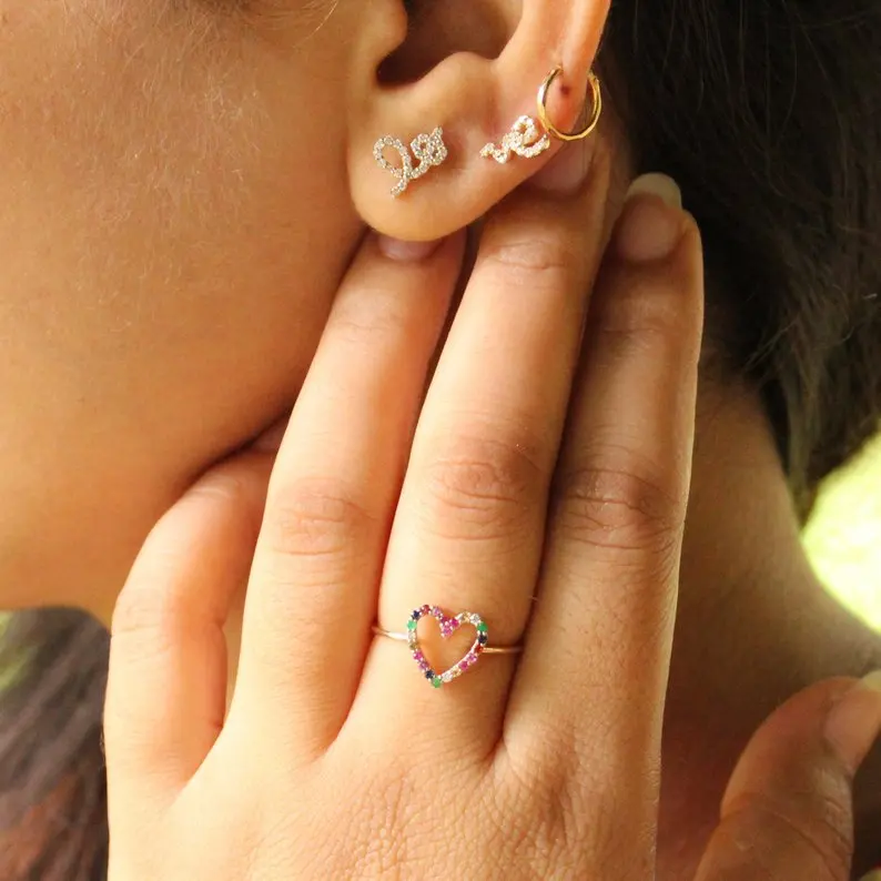 

Hollow rainbow cz paved gold color heart ring for lover girlfriend gift fashion trendy lovely cute jewelry
