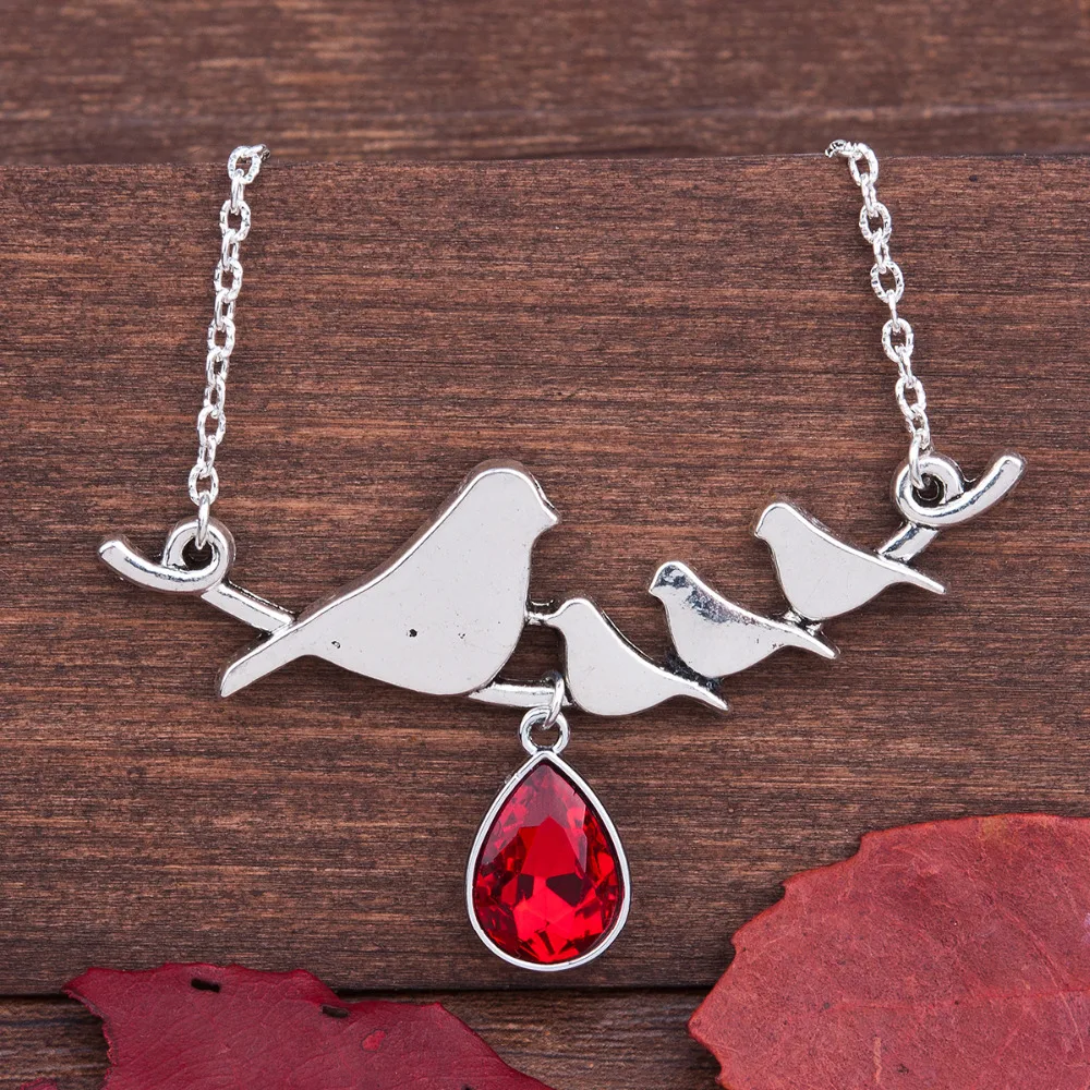 

8SEASONS Handmade Antique silver-color Bird Pendant Family Necklace Mother's Day Jewelry, Approx 50cm Long, 1PC