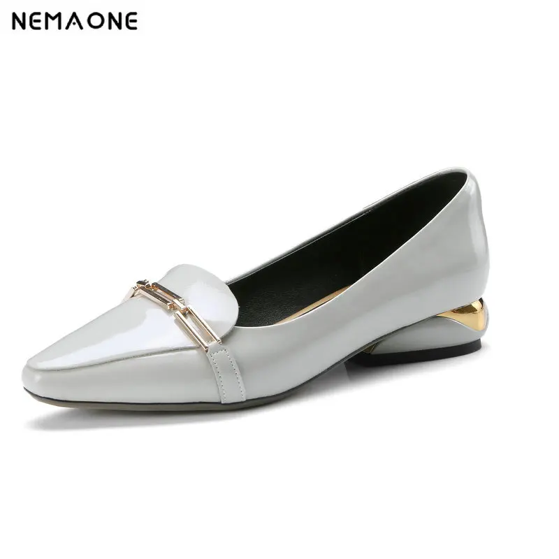 

NEMAONE New arrive Patent genuine leather pointed toe metal chain office girls high heels fashion high heel shoes women pumps