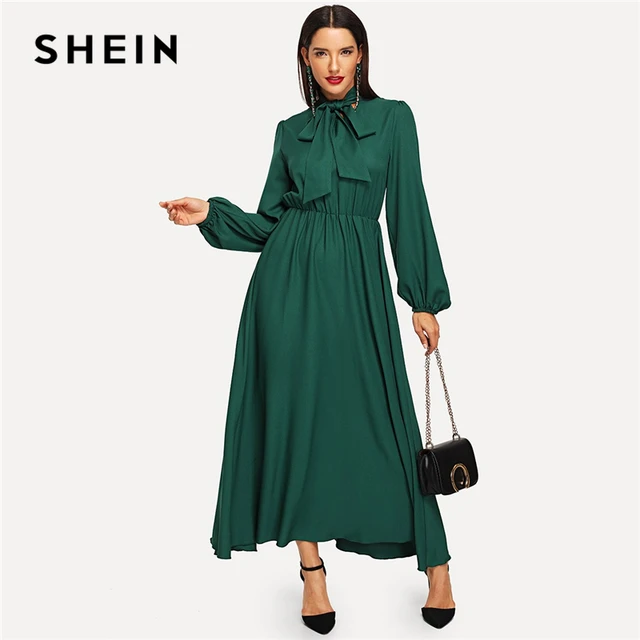 Aliexpress.com : Buy SHEIN Green Lantern Sleeve Tied Neck Cotton Dress ...