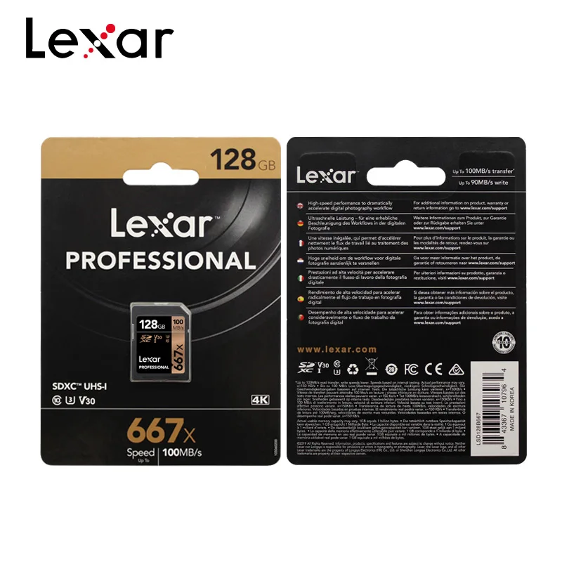 Lexar 667x SD, карта памяти, 64 ГБ 128 256 SDXC Class10 UHS-I U3 V30 100 МБ/с. флеш-карта для Full HD Камера