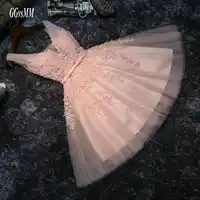 Elegant Pearl Pink Prom Dresses 2019 Sexy Prom Dress Short V Neck Appliques Beading Lace Up Knee-Length Graduation Party Gowns