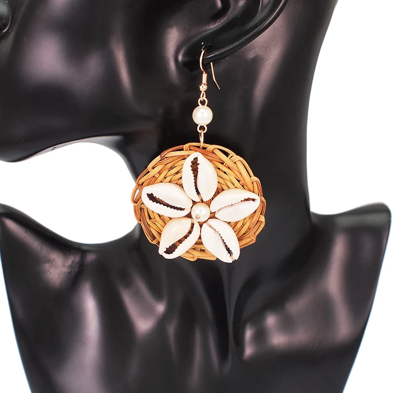 MANILAI Bohemia Straw Rattan Knit Shell Drop Dangle Earrings For Women Circular Big Statement Pendant Earrings Jewelry Gift