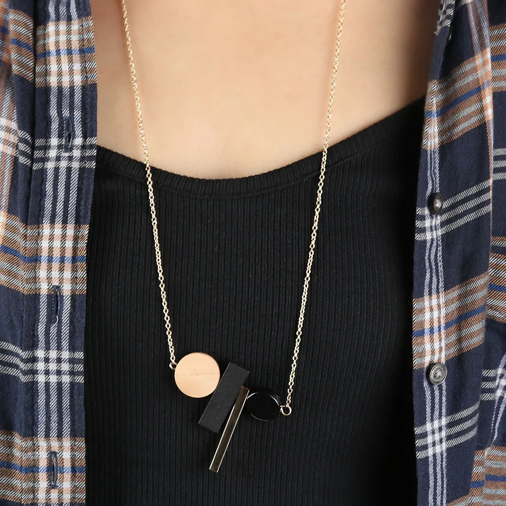 

Fashion wholesale Geometric Element Combination Alloy Wooden Pendant Gold Chain Long Necklace Vintage Women Jewelry