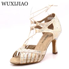 WUXIJIAO Новые бежевые и черные атласные Сальса Обувь для танцев мягкая подошва Латинской кизомба Танго бальных танцевальные туфли, каблук 6/7. 5/8. 5/10 см